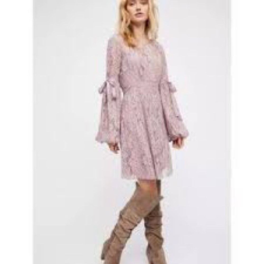 Free People - Ruby Sheer Lavender Lace Above The Knee Tie Sleeves Mini Dress XS